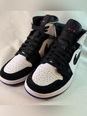 Nike Air Jordan 1 Mid Black White with Purple Accents